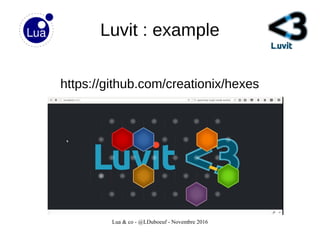 Lua & co - @LDuboeuf - Novembre 2016
Luvit : example
https://github.com/creationix/hexes
 