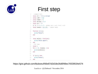 Lua & co - @LDuboeuf - Novembre 2016
First step
https://gist.github.com/lduboeuf/66e87d2d18e26d0f48ec70539534e574
 