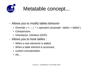 Lua & co - @LDuboeuf - Novembre 2016
Metatable concept...
– Allows you to modify tables behavior
● Override « +, -, /, * » operators (example : table1 + table2 )
● Comparisons
● Inheritance, interface (OOP)
– Allows you to hook tables :
● When a new elements is added,
● When a table element is accessed,
● custom concatenation
● etc...
 