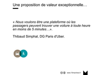 www.15marches.fr
Une proposition de valeur exceptionnelle…
« Nous voulons être une plateforme où les
passagers peuvent trouver une voiture à toute heure
en moins de 5 minutes…».
Thibaud Simphal, DG Paris d'Uber.
 