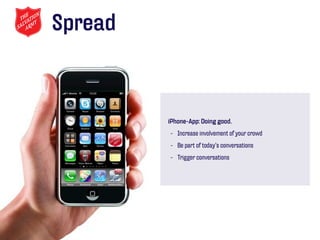Spread



         iPhone-App: Doing good.
         - Increase involvement of your crowd
         - Be part of today’s conversations
         - Trigger conversations
 