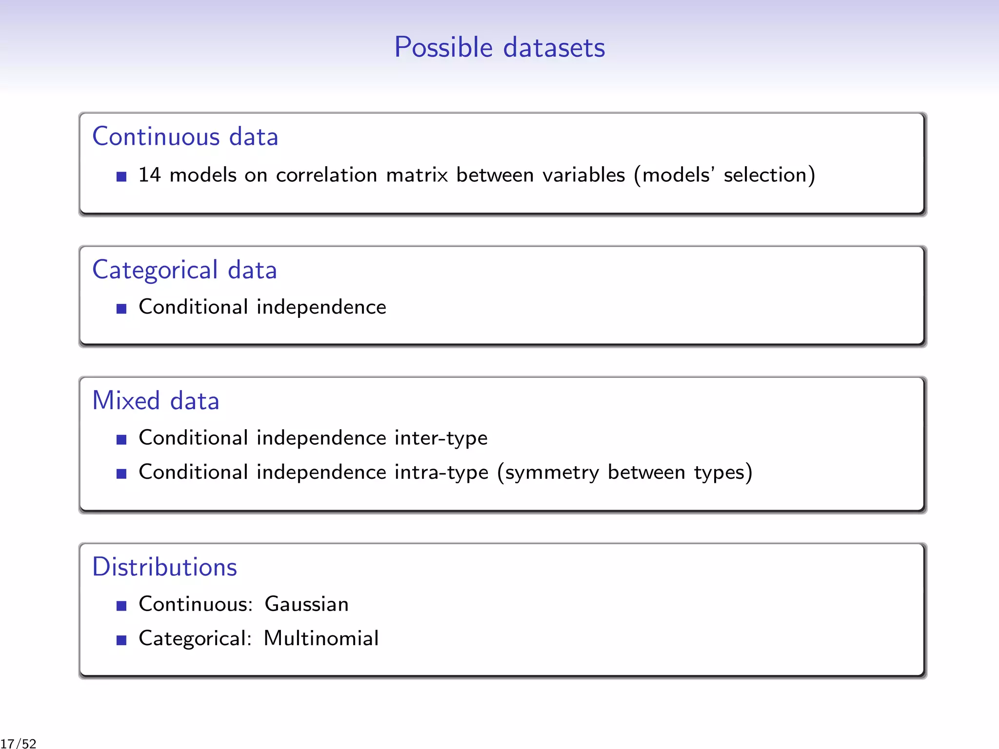 Possible datasets
Continuous data
14 models on correlation matrix between variables (models’ selection)
Categorical data
Conditional independence
Mixed data
Conditional independence inter-type
Conditional independence intra-type (symmetry between types)
Distributions
Continuous: Gaussian
Categorical: Multinomial
17/52
 