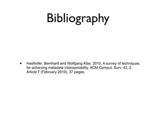 Bibliography


•   Haslhofer, Bernhard and Wolfgang Klas. 2010. A survey of techniques
    for achieving metadata interoperability. ACM Comput. Surv. 42, 2,
    Article 7 (February 2010), 37 pages.
 
