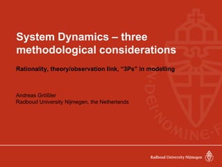 System Dynamics – three
methodological considerations
Rationality, theory/observation link, “3Ps” in modelling
Andreas Größler
Radboud University Nijmegen, the Netherlands
 