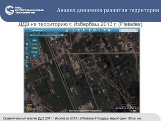 ДДЗ на территорию г. Избербаш 2013 г. (Pleiades)
Сравнительный анализ ДДЗ 2011 г. (Iconos) и 2013 г. (Pleiades) Площадь территории: 30 кв. км.
Анализ динамики развития территории
 