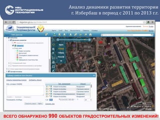 Анализ динамики развития территории
г. Избербаш в период с 2011 по 2013 г.г.
ВСЕГО ОБНАРУЖЕНО 990 ОБЪЕКТОВ ГРАДОСТРОИТЕЛЬНЫХ ИЗМЕНЕНИЙ!
 