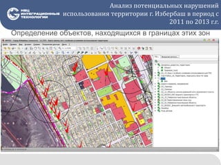 Анализ потенциальных нарушений
использования территории г. Избербаш в период с
2011 по 2013 г.г.
Определение объектов, находящихся в границах этих зон
 
