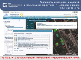Анализ потенциальных нарушений
использования территории г. Избербаш в период
с 2011 по 2013 г.г.
ИЗ НИХ 679 – С ПОТЕНЦИАЛЬНЫМИ НАРУШЕНИЯМИ ГРАДОСТРОИТЕЛЬНЫХ НОРМ!
 