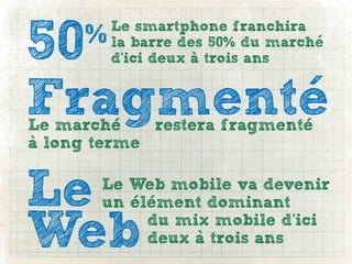 50
         Le smartphone franchira
     %   la barre des 50% du marche
         d’ici deux a trois ans


Fragmente
Le marche    restera fragmente
a long terme


Le     Le Web mobile va devenir
       un element dominant

Web         du mix mobile d’ici
            deux a trois ans
 
