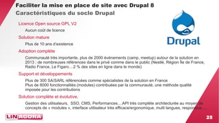 25 
Faciliter la mise en place de site avec Drupal 8 
Caractéristiques du socle Drupal 
Licence Open source GPL V2 
Aucun coût de licence 
Solution mature 
Plus de 10 ans d’existence 
Adoption complète 
Communauté très importante, plus de 2000 événements (camp, meetup) autour de la solution en 
2013 ; de nombreuses références dans le privé comme dans le public (Nestlé, Région Île de France, 
Radio France, Le Figaro....2 % des sites en ligne dans le monde) 
Support et développements 
Plus de 300 SA/SARL référencées comme spécialistes de la solution en France 
Plus de 8000 fonctionnalités (modules) contribuées par la communauté, une méthode qualité 
imposée pour les contributions 
Solution complète et évolutive, 
Gestion des utilisateurs, SSO, CMS, Performances....API très complète architecturée au moyen de 
concepts de « modules », interface utilisateur très efficace/ergonomique, multi langues, responsive..... 
 