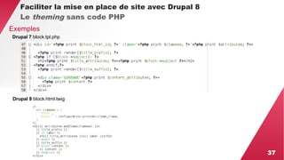 37 
Faciliter la mise en place de site avec Drupal 8 
Le theming sans code PHP 
Exemples 
Drupal 7 block.tpl.php 
Drupal 8 block.html.twig 
 