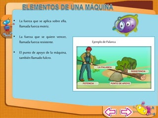 • La fuerza que se
aplica sobre ella,
llamada fuerza
motriz.
• La fuerza que se
quiere vencer,
llamada fuerza
resistente.
• El punto de apoyo
de la máquina,
también llamado
fulcro.
Ejemplo de Palanca
 