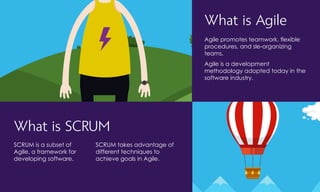 What is Agile
Agile is a development
methodology adopted today in the
software industry.
Agile promotes teamwork, flexible
procedures, and sle-organizing
teams.
What is SCRUM
SCRUM is a subset of
Agile, a framework for
developing software.
SCRUM takes advantage of
different techniques to
achieve goals in Agile.
 