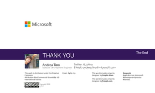 The End
THANK YOU
Twitter: @_atino
E-Mail: andrea.tino@microsoft.com
This work is distributed under the Creative
Commons
Attribution-NonCommercial-ShareAlike 4.0
International license.
Cover: Agile city This work includes artworks
designed by Graphic River.
This work includes artworks
designed by Freepik.com.
January 2016
v1.0
Keywords
#agile #scrum #microsoft
#development-process
#kanban
Presentation info
Duration: 40-45 mins.
Background: Non technical
Audience: All (6th grade+)
Andrea Tino
Software Development Engineer
 