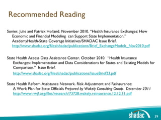 Recommended Reading
Sonier, Julie and Patrick Holland. November 2010. “Health Insurance Exchanges: How
   Economic and Financial Modeling can Support State Implementation.”
   AcademyHealth-State Coverage Initiatives/SHADAC Issue Brief.
   http://www.shadac.org/files/shadac/publications/Brief_ExchangeModels_Nov2010.pdf


State Health Access Data Assistance Center. October 2010. “Health Insurance
    Exchanges: Implementation and Data Considerations for States and Existing Models for
    Comparison.” Issue Brief.
    http://www.shadac.org/files/shadac/publications/IssueBrief23.pdf

State Health Reform Assistance Network. Risk Adjustment and Reinsurance:
    A Work Plan for State Officials Prepared by Wakely Consulting Group. December 2011
    http://www.rwjf.org/files/research/73728.wakely.reinsurance.12.12.11.pdf




                                                                                         39
 