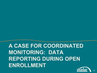 Click to edit Master title style
Click to edit Master text styles
Second level
Third level
Fourth level
Fifth level
A CASE FOR COORDINATED
MONITORING: DATA
REPORTING DURING OPEN
ENROLLMENT
12
 