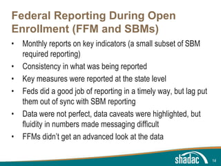 Click to edit Master title style
Click to edit Master text styles
Second level
Third level
Fourth level
Fifth level
Federal Reporting During Open
Enrollment (FFM and SBMs)
• Monthly reports on key indicators (a small subset of SBM
required reporting)
• Consistency in what was being reported
• Key measures were reported at the state level
• Feds did a good job of reporting in a timely way, but lag put
them out of sync with SBM reporting
• Data were not perfect, data caveats were highlighted, but
fluidity in numbers made messaging difficult
• FFMs didn’t get an advanced look at the data
14
 