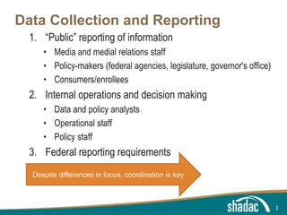 Click to edit Master title style
Click to edit Master text styles
Second level
Third level
Fourth level
Fifth level
Data Collection and Reporting
1. “Public” reporting of information
• Media and medial relations staff
• Policy-makers (federal agencies, legislature, governor's office)
• Consumers/enrollees
2. Internal operations and decision making
• Data and policy analysts
• Operational staff
• Policy staff
3. Federal reporting requirements
3
Despite differences in focus, coordination is key
 