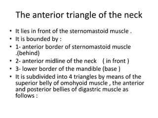 The anterior triangle of the neck
• It lies in front of the sternomastoid muscle .
• It is bounded by :
• 1- anterior border of sternomastoid muscle
.(behind)
• 2- anterior midline of the neck ( in front )
• 3- lower border of the mandible (base )
• It is subdivided into 4 triangles by means of the
superior belly of omohyoid muscle , the anterior
and posterior bellies of digastric muscle as
follows :
 