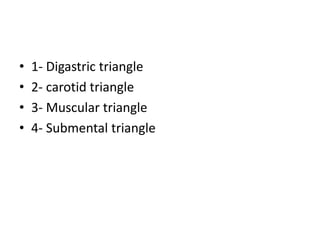 • 1- Digastric triangle
• 2- carotid triangle
• 3- Muscular triangle
• 4- Submental triangle
 