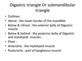 Digastric triangle Or submandibular
triangle
• Outlines :
• Above : the lower border of the mandible
• Below & infront : the anterior belly of Digastric
muscle
• Below & behind : the posterior belly of Digastric
and stylohyoid muscles .
• Floor :
• Anteriorly : the mylohyoid muscle
• Posteriorly : part of hyoglossus muscle
 