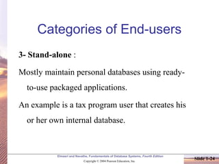 Elmasri and Navathe, Fundamentals of Database Systems, Fourth Edition
Copyright © 2004 Pearson Education, Inc.
Slide 1-24
Categories of End-users
3- Stand-alone :
Mostly maintain personal databases using ready-
to-use packaged applications.
An example is a tax program user that creates his
or her own internal database.
 
