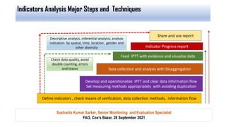 Indicators Analysis Major Steps and Techniques
Define indicators , check means of verification, data collection methods, information flow
Develop and operationalize IPTT and clear data information flow
Set measuring methods appropriately with avoiding duplication
Data collection and analysis with Disaggregation
Feed IPTT with evidence and visualize data
Share and use report
Check data quality, avoid
double counting, errors
and biases
Descriptive analysis, inferential analysis; analyze
indicators by spatial, time, location , gender and
other diversity Indicator Progress report
Sushanta Kumar Sarker, Senior Monitoring and Evaluation Specialist
FAO, Cox’s Bazar, 28 September 2021
 