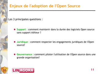 Enjeux de l'adoption de l'Open Source


Les 3 principales questions :


    ● Support : comment maintenir dans la durée des logiciels Open source
      sans support éditeur ?


    ● Juridique : comment respecter les engagements juridiques de l'Open
      source?


    ● Gouvernance : comment piloter l'utilisation de l'Open source dans une
      grande organisation?



                                                                      11
 