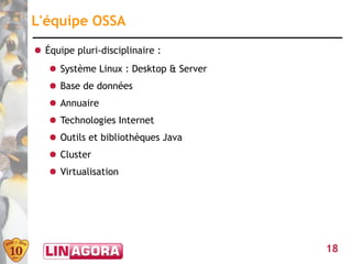 L'équipe OSSA
● Équipe pluri-disciplinaire :
   ● Système Linux : Desktop & Server
   ● Base de données
   ● Annuaire
   ● Technologies Internet
   ● Outils et bibliothèques Java
   ● Cluster
   ● Virtualisation




                                        18
 