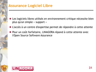 Assurance Logiciel Libre


● Les logiciels libres utilisés en environnement critique nécessite bien
  plus qu'un simple « support »
● L'accès à un centre d'expertise permet de répondre à cette attente
● Pour un coût forfaitaire, LINAGORA répond à cette attente avec
  l'Open Source Software Assurance




                                                                   31
 