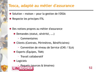 Tosca, adapté au métier d'assurance
● Solution « maison » pour la gestion de l'OSSA
● Respecte les principes ITIL


● Des notions propres au métier d'assurance
   ● Demandes (statut, sévérité, ...)
       ➢   Commentaires
   ● Clients (Contrats, Périmètres, Bénéficiaires)
       ➢   Convention de niveau de Service (CNS / SLA)
   ● Experts (Équipes, TAM)
       ➢   Travail collaboratif
   ● Logiciels
       ➢   Paquets (sources & binaires)
                                                         52
 