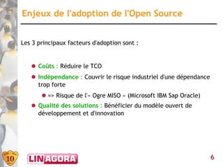 Enjeux de l'adoption de l'Open Source


Les 3 principaux facteurs d'adoption sont :


   ● Coûts : Réduire le TCO
   ● Indépendance : Couvrir le risque industriel d'une dépendance
     trop forte
       ● => Risque de l'« Ogre MISO » (Microsoft IBM Sap Oracle)
   ● Qualité des solutions : Bénéficier du modèle ouvert de
     développement et d'innovation




                                                                    6
 