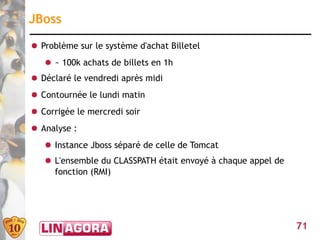 JBoss
● Problème sur le système d'achat Billetel
   ● ~ 100k achats de billets en 1h
● Déclaré le vendredi après midi
● Contournée le lundi matin
● Corrigée le mercredi soir
● Analyse :
   ● Instance Jboss séparé de celle de Tomcat
   ● L'ensemble du CLASSPATH était envoyé à chaque appel de
     fonction (RMI)




                                                              71
 