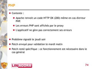 PHP
● Contexte :
   ● Apache renvoit un code HTTP OK (200) même en cas d'erreur
     PHP.
   ● Les erreurs PHP sont affichés par le proxy
   ● L'applicatif ne gère pas correctement ses erreurs


● Problème signalé le jeudi soir
● Patch envoyé pour validation le mardi matin
● Patch resté spécifique : ce fonctionnement est nécessaire dans le
  cas général




                                                                 74
 