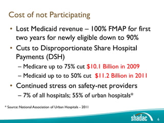 Cost of not Participating
   • Lost Medicaid revenue – 100% FMAP for first
     two years for newly eligible down to 90%
   • Cuts to Disproportionate Share Hospital
     Payments (DSH)
        – Medicare up to 75% cut $10.1 Billion in 2009
        – Medicaid up to to 50% cut $11.2 Billion in 2011
   • Continued stress on safety-net providers
        – 7% of all hospitals; 55% of urban hospitals*
* Source: National Association of Urban Hospitals - 2011


                                                            6
 