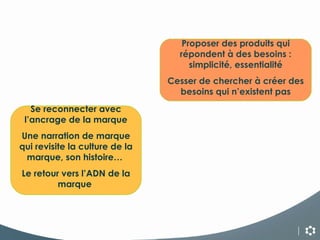 Se reconnecter avec l’ancrage de la marque Une narration de marque qui revisite la culture de la marque, son histoire…  Le retour vers l’ADN de la marque  Proposer des produits qui répondent à des besoins : simplicité, essentialité Cesser de chercher à créer des besoins qui n’existent pas 