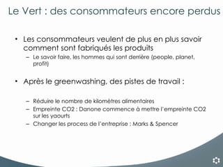 Le Vert : des consommateurs encore perdus Les consommateurs veulent de plus en plus savoir comment sont fabriqués les produits Le savoir faire, les hommes qui sont derrière (people, planet, profit) Après le greenwashing, des pistes de travail :  Réduire le nombre de kilomètres alimentaires Empreinte CO2 : Danone commence à mettre l’empreinte CO2 sur les yaourts Changer les process de l’entreprise : Marks & Spencer 
