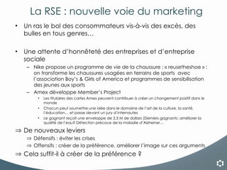 La RSE : nouvelle voie du marketing Un ras le bol des consommateurs vis-à-vis des excès, des bulles en tous genres… Une attente d’honnêteté des entreprises et d’entreprise sociale Nike propose un programme de vie de la chaussure : « reusetheshoe » : on transforme les chaussures usagées en terrains de sports  avec l’association Boy’s & Girls of America et programmes de sensibilisation des jeunes aux sports Amex développe Member’s Project Les titulaires des cartes Amex peuvent contribuer à créer un changement positif dans le monde Chacun peut soumettre une idée dans le domaine de l’art de la culture, la santé, l’éducation… et passe devant un jury d’internautes  Le gagnant reçoit une enveloppe de 2,5 M de dollars (Derniers gagnants: améliorer la qualité de l’eau? Détection précoce de la maladie d’Alzheiner…  De nouveaux leviers Défensifs : éviter les crises Offensifs : créer de la préférence, améliorer l’image sur ces arguments Cela suffit-il à créer de la préférence ?  