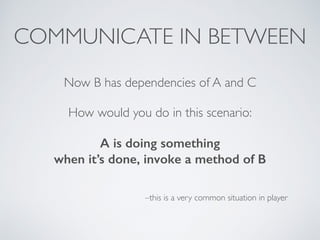 COMMUNICATE IN BETWEEN
Now B has dependencies of A and C
How would you do in this scenario:
A is doing something
when it’s done, invoke a method of B
–this is a very common situation in player
 