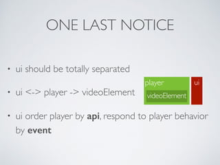 ONE LAST NOTICE
• ui should be totally separated
• ui <-> player -> videoElement
• ui order player by api, respond to player behavior
by event
player
videoElement
ui
 