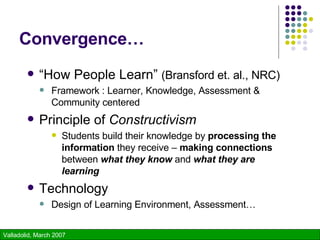 Convergence… “ How People Learn”  (Bransford et. al., NRC) Framework : Learner, Knowledge, Assessment & Community centered Principle of  Constructivism Students build their knowledge by  processing the information  they receive –  making connections  between  what they know  and  what they are learning Technology Design of Learning Environment, Assessment… 