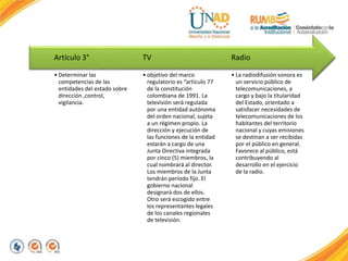 • La radiodifusión sonora es
un servicio público de
telecomunicaciones, a
cargo y bajo la titularidad
del Estado, orientado a
satisfacer necesidades de
telecomunicaciones de los
habitantes del territorio
nacional y cuyas emisiones
se destinan a ser recibidas
por el público en general.
Favorece al público, está
contribuyendo al
desarrollo en el ejercicio
de la radio.
Radio
• objetivo del marco
regulatorio es “artículo 77
de la constitución
colombiana de 1991. La
televisión será regulada
por una entidad autónoma
del orden nacional, sujeta
a un régimen propio. La
dirección y ejecución de
las funciones de la entidad
estarán a cargo de una
Junta Directiva integrada
por cinco (5) miembros, la
cual nombrará al director.
Los miembros de la Junta
tendrán período fijo. El
gobierno nacional
designará dos de ellos.
Otro será escogido entre
los representantes legales
de los canales regionales
de televisión.
TV
• Determinar las
competencias de las
entidades del estado sobre
dirección ,control,
vigilancia.
Artículo 3°
 