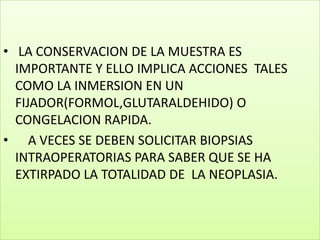 LA CONSERVACION DE LA MUESTRA ES IMPORTANTE Y ELLO IMPLICA ACCIONES  TALES COMO LA INMERSION EN UN FIJADOR(FORMOL,GLUTARALDEHIDO) O CONGELACION RAPIDA.    A VECES SE DEBEN SOLICITAR BIOPSIAS INTRAOPERATORIAS PARA SABER QUE SE HA EXTIRPADO LA TOTALIDAD DE  LA NEOPLASIA.