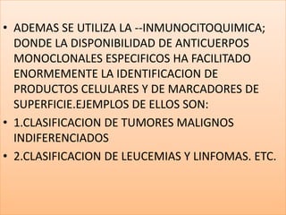 ADEMAS SE UTILIZA LA --INMUNOCITOQUIMICA; DONDE LA DISPONIBILIDAD DE ANTICUERPOS  MONOCLONALES ESPECIFICOS HA FACILITADO ENORMEMENTE LA IDENTIFICACION DE PRODUCTOS CELULARES Y DE MARCADORES DE SUPERFICIE.EJEMPLOS DE ELLOS SON:1.CLASIFICACION DE TUMORES MALIGNOS  INDIFERENCIADOS2.CLASIFICACION DE LEUCEMIAS Y LINFOMAS. ETC.
