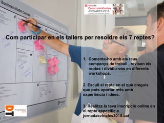 1. Comenta-ho amb els teus
companys de treball , revisen els
reptes i dividiu-vos en diferents
workshops.
2. Escull el repte en el què creguis
que pots aportar més amb
experiència i idees.
3. Realitza la teva inscripció online en
el repte específic a
jornadasvincles2015.cat
Com participar en els tallers per resoldre els 7 reptes?
 