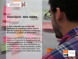1. Com estimular que la xarxa de
confiança és mantingui activa i Què fa
que els xarxes de confiança s’afebleixin,
és trenquin, o deixin de funcionar?
Aquest repte té com a objectiu identificar la
dinàmica d'intercanvi de beneficis entre els
diferents participants de *Vincles
involucrant-los a tots. Hem de desxifrar de
quina manera se senten beneficiats, acollits
i inclosos cadascun dels participants i com
mantenir l'entusiasme al voltant de la xarxa.
Descripció dels reptes
 