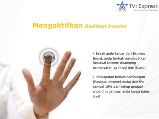 Mengaktifkan  Residual Income Sekali anda keluar dari Express Board, anda berhak mendapatkan Residual Income disamping pembayaran yg tinggi dari Board. Pendapatan berkesinambungan (Residual income) mulai dari 5% sampai 10% dari setiap penjual anda di organisasi anda tanpa batas level 