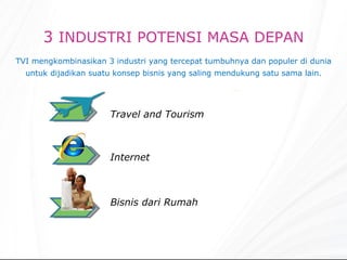 3  INDUSTRI POTENSI MASA DEPAN TVI mengkombinasikan 3 industri yang tercepat tumbuhnya dan populer di dunia untuk dijadikan suatu konsep bisnis yang saling mendukung satu sama lain. Travel and Tourism Internet Bisnis dari Rumah 