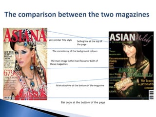 In order to improve my magazine I would like to use different colours of fonts as there is too much green and yellow which makes my magazine look a bit dull and uninteresting.        Comparison between my magazinesI have changed the Title of my magazine so it can relate more to the targeted audience. I have also changed the font colour, size and the style of the font on the final draft.I have moved the selling line to the other side of the magazineI  decided not to add this on the final draft  of my magazine as it doesn’t look professionalI changed the colour of the font I used on the first draft on my magazine as well as moving the writing aroundI changed the font colour and the layout of it. I have also added names of people that will be featured in the Interview section I changed the colour of the font and removed the page number on my final draft of my magazine as well as changing the layout of itI changed the font colour and the layout of the writing on my final draft so it looks more appealing and attractiveI changed the colour of my main storyline and moved it so the audience know who the storyline is about. I have also removed the page number as it doesn’t look professional  I changed the layout of the Barcode, price and the issue number on my final draft as the layout of it  fits in with the rest of the magazine.