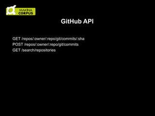 GitHub API
GET /repos/:owner/:repo/git/commits/:sha
POST /repos/:owner/:repo/git/commits
GET /search/repositories

 